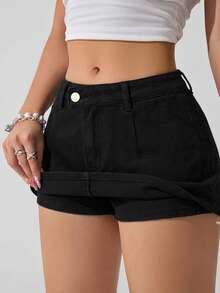 SHEIN ICON Women's Simple Casual Solid Color Slant Pocket Mini Denim Skirt, Summer Festival - Black - View 7