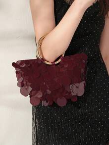 MOTF WOMEN'S FASHION BURGUNDY SEQUINED HANDBAG, ROUND HANDLE, EXQUISITE SHINY SIMPLE SEMI-ROUND BAG, SUITABLE FOR DATING AND PARTIES, SUMMER VACATION, TRAVEL, SEASIDE, BEACH, BOHEMIAN, MATCHING - Burgundy - View 8