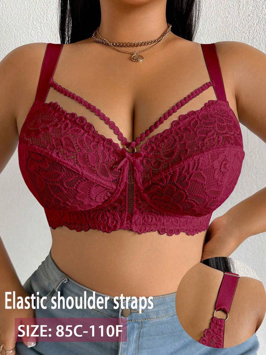 DesireSculpt Plus Size Lace Wire-Free Bra, 1pc - Burgundy - View 1