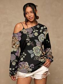 Freevana Plus Size Women's Casual Minimalist Floral Print T-Shirt Suitable For All Seasons Sexy One-Shoulder Design With Vintage Print Vacation Outfits Women - Multicolor - View 5
