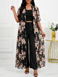 SHEIN Lady 女士印花短袖开衫和裤子休闲两件套 - 彩色 - 查看 3