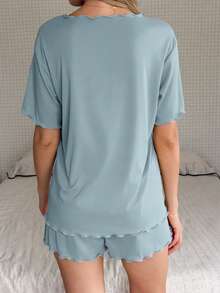 DAZY 女款純色荷葉邊短袖上衣與休閒短褲家居服套裝 夏季 - 藍色 - 查看 2