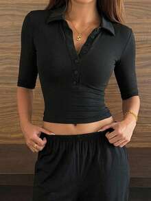 DAZY 2pcs Women's Summer Pajama Set, Half-Open Collar Slim Fit Short Sleeve T-Shirt And Straight Leg Long Pants - Black - View 3