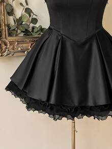 Lovelzi Luxury Plus Size Lace Trim Ruched Elegant Waist-Cinched Halter Neck Ball Gown Dress Party Cocktail Wedding Homecoming Wedding Black Spring - Black - View 3