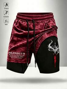 Gym Rark Men's Slogan Camo Print Drawstring Waist Double Layer Sports Shorts - Red - View 3