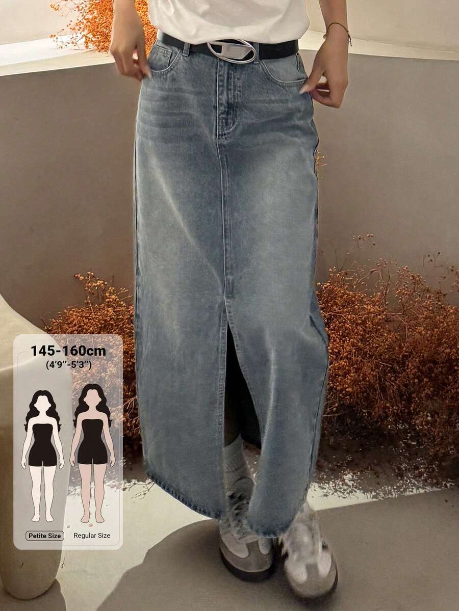Livesso Petite 女款休閒百搭牛仔裙，附口袋、前鈕扣與開衩設計，適合約會與外出 - 藍色 - 查看 1