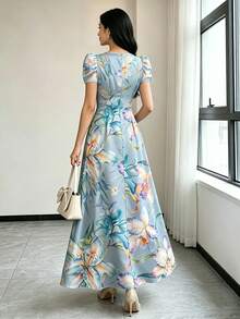 Modelyn Women's Floral Pattern Overlap V-Neck Short Puff Sleeve Elegant Long Dress - Multicolor - View 2