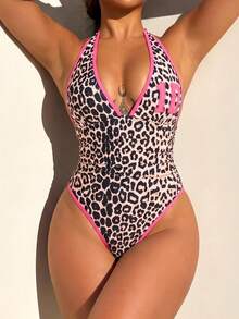 Swim SXY New Sexy One-Piece Swimsuit For Women With Color-Blocking Leopard Print Beach Vacation Pink Leopard Print Summer - Multicolor - View 4
