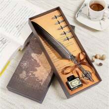 One Grey Retro Crown Feather Pen, With An Ink Pen Gift Box, Suitable For Dipping In Water For Use, Can Be Used As A Wedding Signature Pen Or A School Reunion Souvenir. - multicolor - View 9