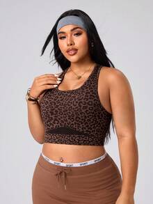 SHEIN Rhythm Era Women's Seamless Plus Size Sexy Athletic Leopard Print Mesh Racerback Medium Support Running Fitness Workout Yoga Sports Bra Gym Brown Summer - Coffee Brown - View 3