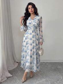 Modelyn Petite Vestido de Verão Elegante para Mulher Petite, Azul com Estampa Floral, Cintura Marcada, Botões, Decote em V, Mangas com Punhos Alargados, para Férias e Chá da Tarde - Multicolorido - Ver 3