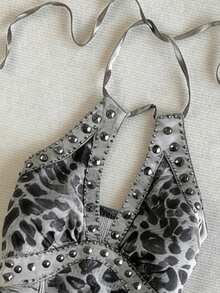 IslaSuriya Top de verano vintage con estampado de leopardo y cuello halter, top para mujer con decoración de strass y remaches de metal - Gris - Ver 3