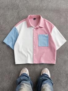 SWAVVY Camisa de manga corta de pana con patchwork para hombre, primavera/verano - Rosa - Ver 2