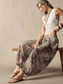 Bohemela Spring/Summer Vacation Casual Solid Color Woven Loose Wide Leg Women's Long Pants - Mustard Yellow - View 1