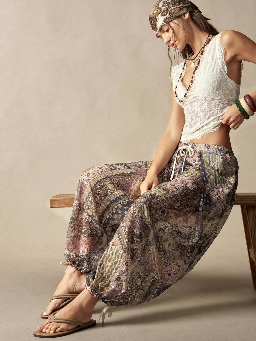 Bohemela Spring/Summer Vacation Casual Solid Color Woven Loose Wide Leg Women's Long Pants - Mustard Yellow - View 1