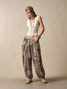 Bohemela Spring/Summer Vacation Casual Solid Color Woven Loose Wide Leg Women's Long Pants - Mustard Yellow - View 4