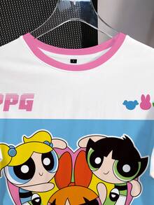 THE POWERPUFF GIRLS X SHEIN 女款夏季休閒拼色拼接卡通印花T恤 - 白色 - 查看 3