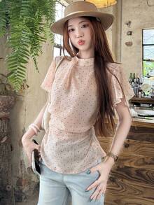 Tideelle Women's Polka Dot Print Stand Collar Ruffle Short Sleeve Top - Apricot - View 3