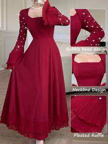Modelyn Women's Elegant Long Sleeve Square Neck Dress, Rhinestone Embellished Waist-Flattering Slimming Hemline With Ruched Multi-Layer Ruffle Hem, Elegant Long Dress - Burgundy - View 6