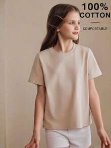 Anewsta Spring/Summer New Girl's Minimalist Modest Solid Color 100 Pure Cotton All-Match Versatile Short Sleeve T-Shirt Beige - Apricot - View 1