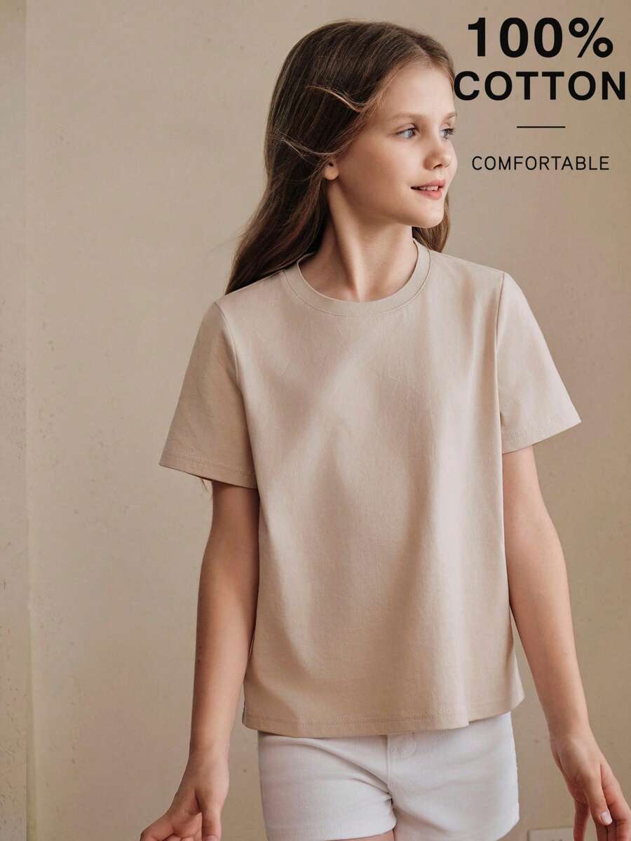 Anewsta Spring/Summer New Girl's Minimalist Modest Solid Color 100 Pure Cotton All-Match Versatile Short Sleeve T-Shirt Beige - Apricot - View 1