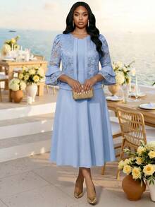 Fleurora Elegantes zweiteiliges Damen-Set in Große Größen mit Spitzen-Glockenärmel-Jacke und Kleid - Blau - Übersicht 5