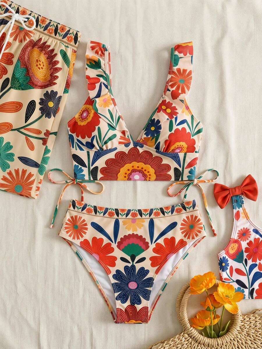 SHEIN 2件組女款圖案比基尼泳衣套裝,夏季沙灘度假泳衣,米色熱帶清新風 - 彩色 - 查看 1
