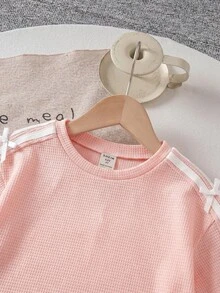 SHEIN 女童針織素色圓領休閒T恤短褲兩件套 - 粉色 - 查看 5