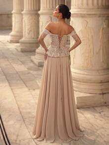 Glamrae Elegant Luxurious Noble Sophisticated Apricot Sequin Patchwork Chiffon Strapless Low Waist 2 In 1 Extra Large Skirt Adjustable Tie Heavy Work Evening Gown Suitable For All Formal Occasions - Champagne - View 4