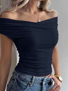 DAZY Women's Solid Color Off-The-Shoulder Short Sleeve T-Shirt, Spring/Summer,Off Shoulder Top - Navy Blue - View 9