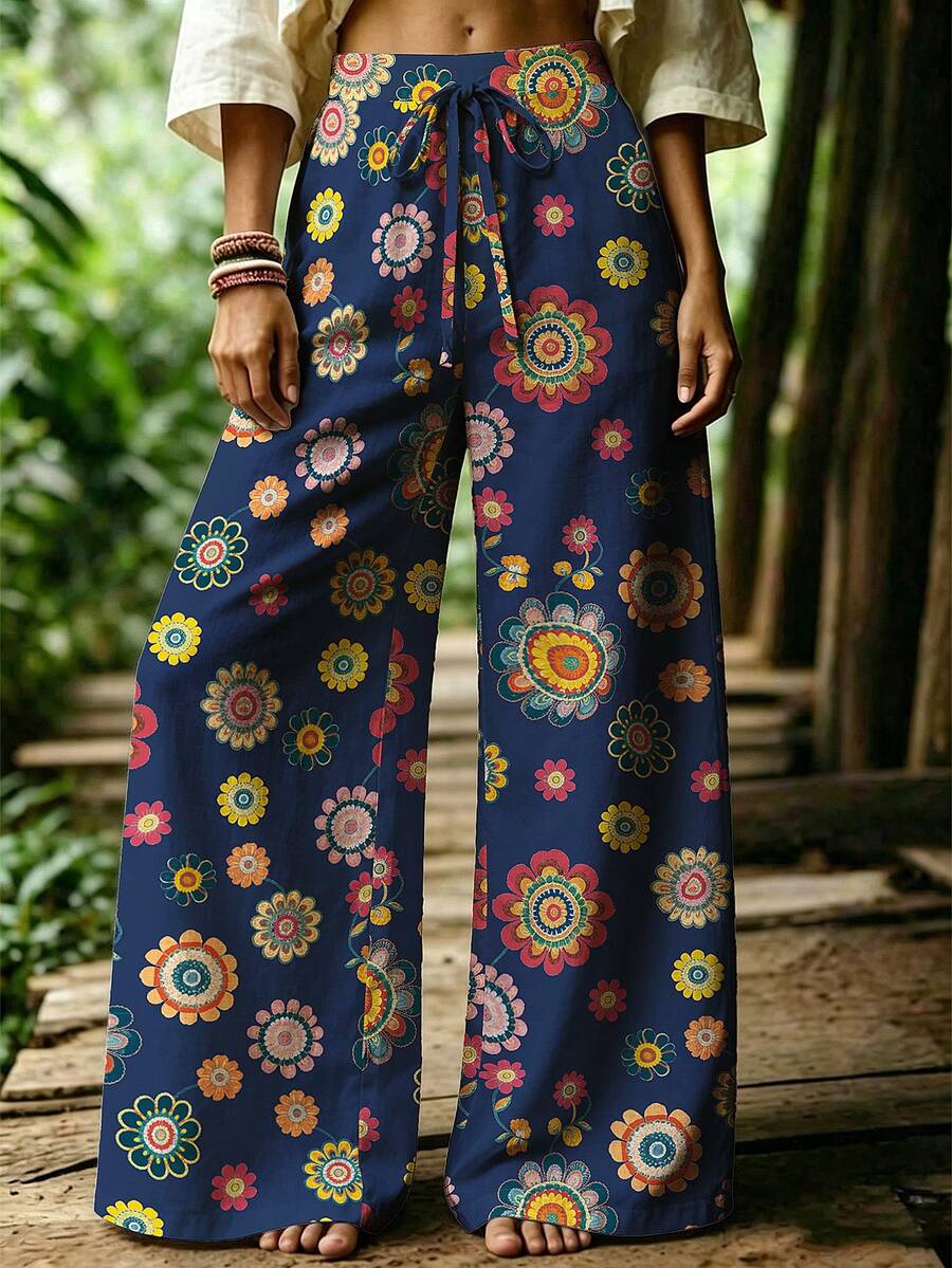 EMERY ROSE Pantalones de pierna ancha con estampado floral estilo casual de vacaciones para mujer de talla grande - Multicolor - Ver 1
