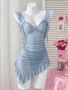 PetitDoll 2pcs/Set Sheer Mesh Ruffle Asymmetrical Hem Mini Skirt - Blue - View 3