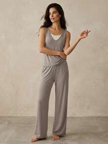DAZY Women's Colorblock Patchwork Tank Top & Long Pants Loungewear Set Pajamas - Grey - View 6
