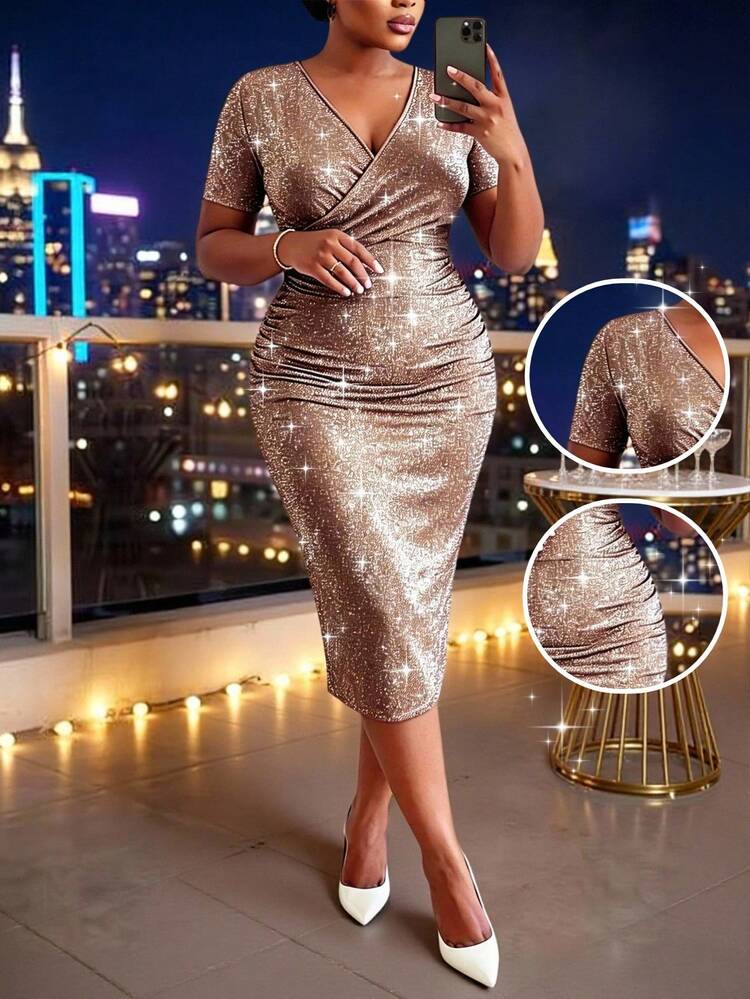 SHEIN Lady Plus Size Solid Color V-Neck Short Sleeve Dress Cocktail Dusty Rose Summer Elegant Sexy Gym Party Night