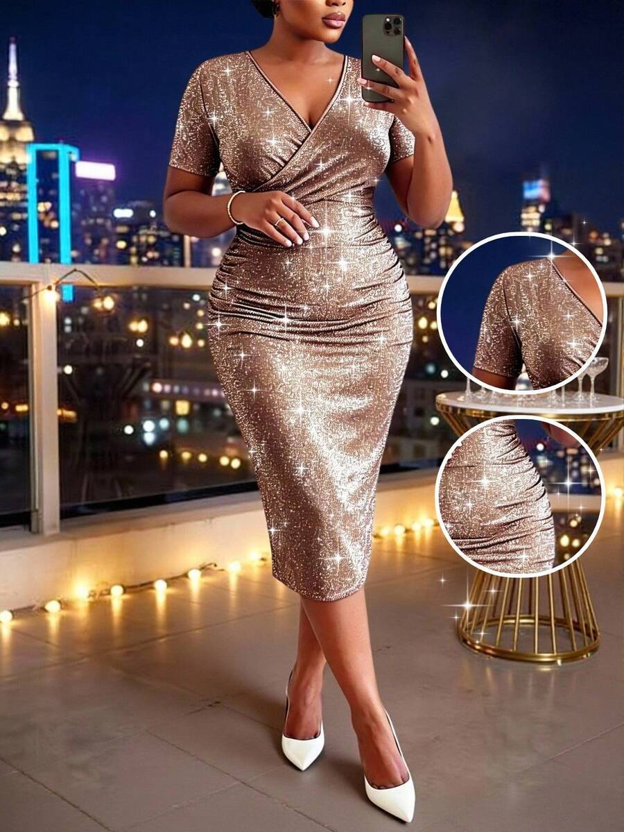 SHEIN Lady CURVE 大码纯色V领短袖连衣裙 - 藕粉色 - 查看 1