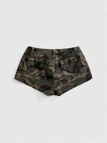 ROMWE Grunge Punk 辣妹款金屬鈕扣設計超低腰緊身牛仔迷你短褲 - 軍綠色 - 查看 2
