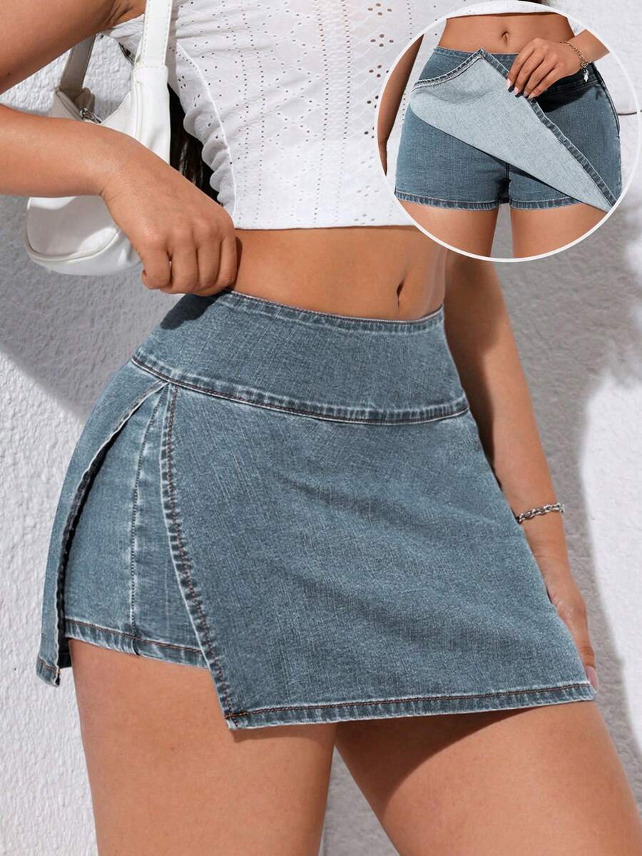 SHEIN EZwear 女款側開衩下擺休閒牛仔裙褲 度假藍 夏季 - 藍色 - 查看 1