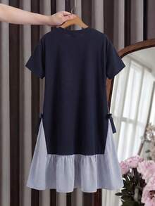 Robe à rayures et patchwork avec décoration de nœud pour adolescentes - Bleu marine - Voir 5
