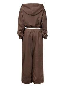 INAWLY Women's Solid Color Hooded Cropped Sweatshirt & Sweatpants 2 Pieces Set - Rust Brown - View 3