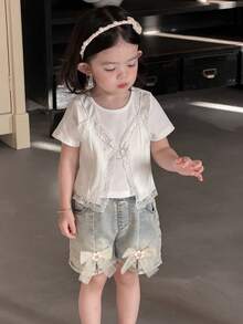 Dazy Kids Young Girls 2 In 1 Lace Patchwork Round Neck Short Sleeve T-Shirt, Fall Clothes - White - View 3
