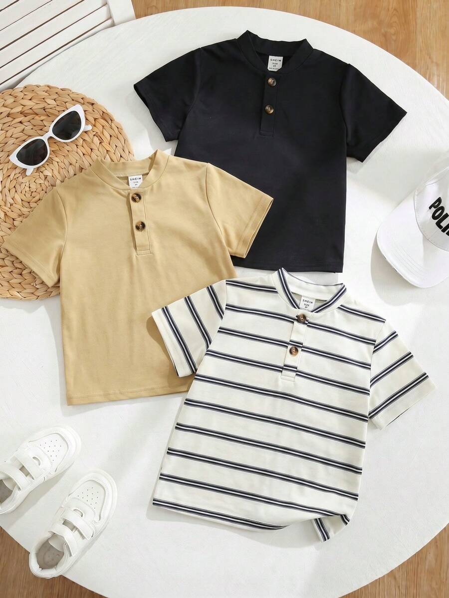 SHEIN 兒童男童 3件組馬匹刺繡鈕扣前襟短袖常規厚度亨利領上衣