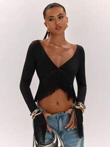 SHEIN BAE Top corto sexy de moda para mujer estilo francés con flecos en el bajo - Negro - Ver 5