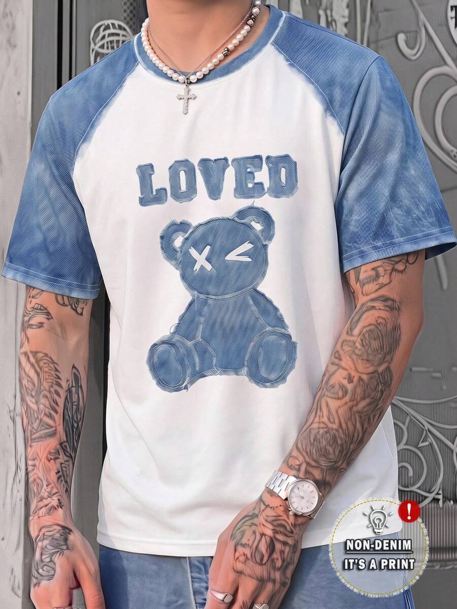 HIMLAND Casual Men's Cartoon Bear Print Raglan Short Sleeve T-Shirt - Multicolor - View 1