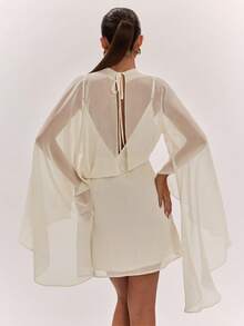 SHEIN BAE Vestido mini de mujer primavera/verano color albaricoque blanco, manga larga, cuello semi-alto, espalda descubierta, corte A, de gasa, minimalista, vestido blanco, vestido elegante, vestido sencillo para uso diario, vestido de vacaciones - Albaricoque - Ver 2