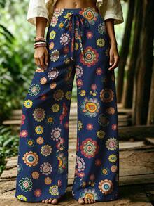 EMERY ROSE Pantalones de pierna ancha con estampado floral estilo casual de vacaciones para mujer de talla grande - Multicolor - Ver 3