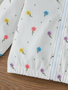 SHEIN Elladie kids 女童新款春夏/秋冬白色多彩花卉圖案紋理布料拉鍊連帽開襟衫，適合日常休閒時尚，可愛優雅且具運動風穿搭 - 白色 - 查看 5