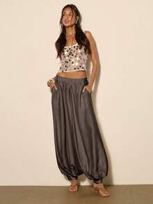 COSMINA Women's Solid Color Pocket Pleated Casual Daily Lantern Pants - Coffee Brown - View 3