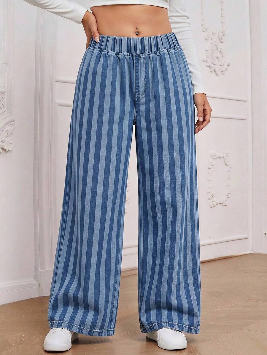 Rivivi Plus Size Women's Casual Versatile Elastic Waist Striped Wide Leg Denim Jeans - Medium Wash - View 1
