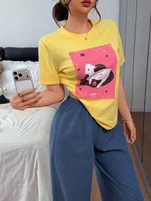 DAZY Women's Cartoon Print Top & Plaid Pants Pajama Set Summer - Yellow - View 5