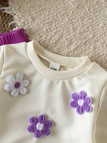 SHEIN Vintaside Kids 女嬰秋季紫色兩件套，刺繡衛衣與針織內搭褲，可愛極簡風，適合與紫色長褲家庭穿搭 - 紫色 - 查看 5